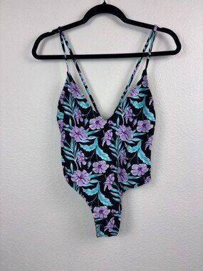 Betty Jade women's large black purple floral one piece cheeky swimsuit swim